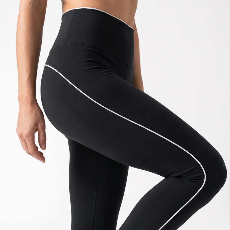 High Waist Leggings mit Retro Kontraststreifen | Schwarz